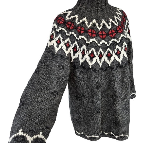 Moda Int'l Burgundy & Gray Nordic Fair Isle Mock Neck Sweater Women's Medium D47 - Picture 4 of 8